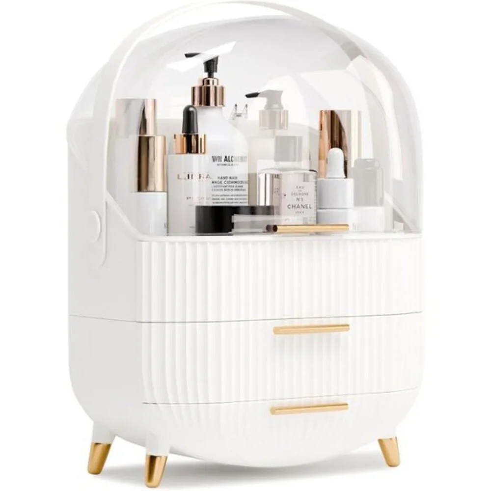 Makeup Organizer with Lid & Drawers, White Vanity Storage for Skincare & More